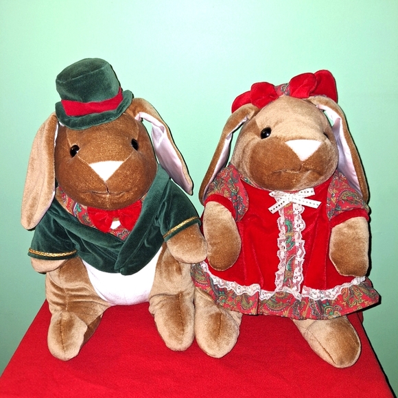 Toys R Us Rabbit Ears Velveteen Plush Christmas Vintage 1980's Boy & Girl 14" - Picture 1 of 16